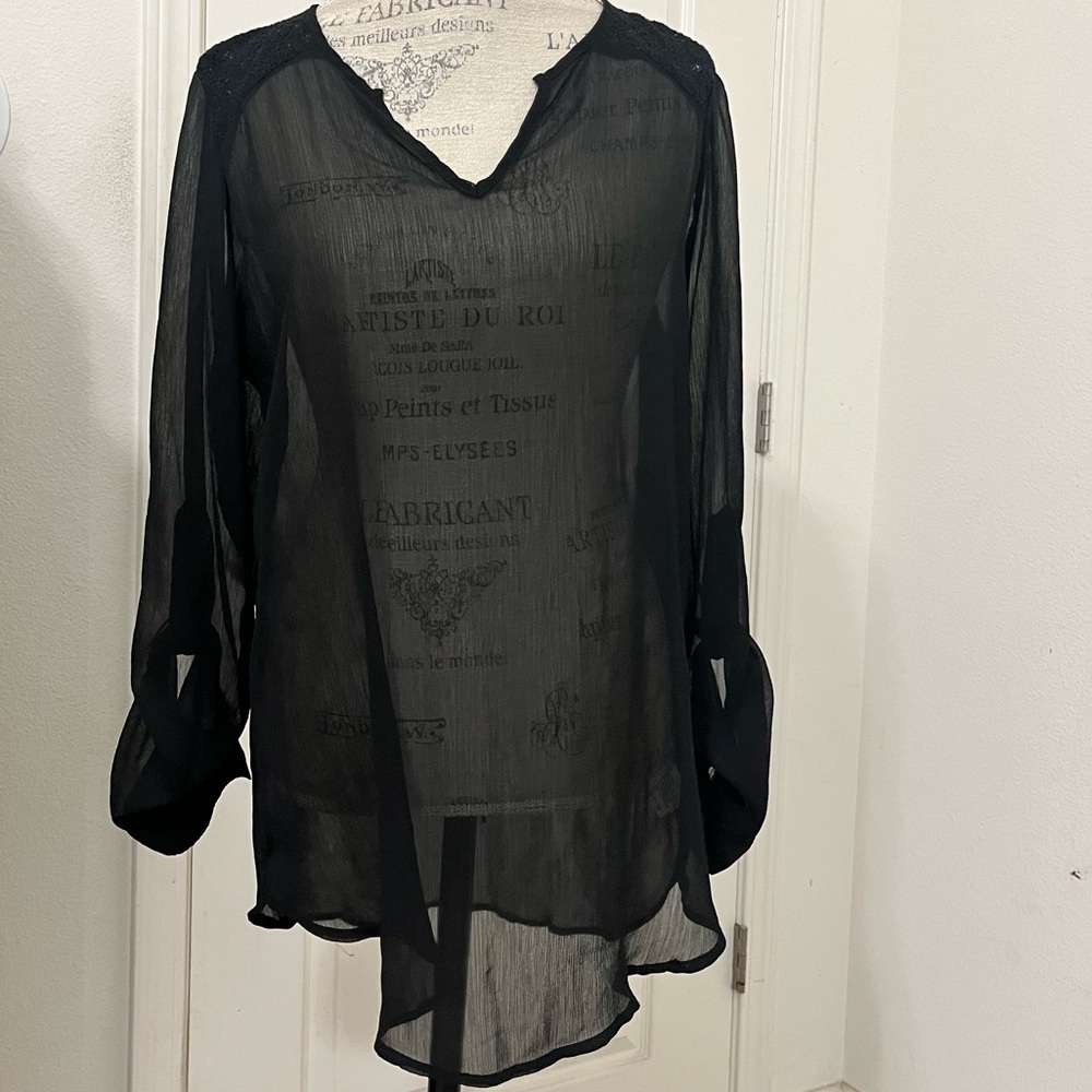 Black sheer v-neck flowy long-sleeved blouse